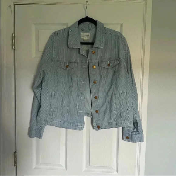 Size L Universal Thread Oversized Light  Blue Striped Jean Jacket - Picture 3 of 4